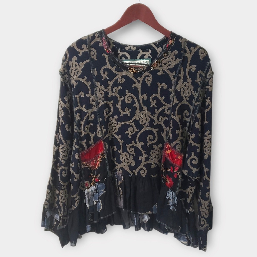 Nothing Matches Black Scroll Floral Mixed Media Peplum Top Size 1 M Art To Wear